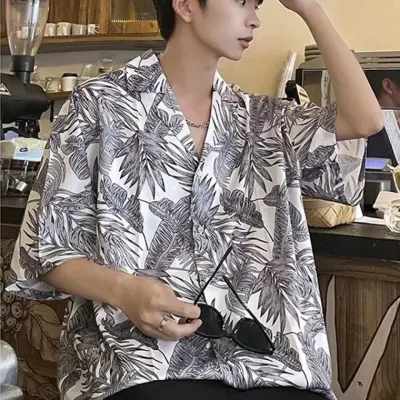 NEW 루즈한 비치반팔티셔츠 커플룩 하와이안셔츠 바캉스룩 오버핏플라워셔츠