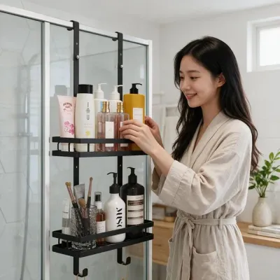 욕실 선반 2단 벽걸이 무타공 정리대 화장실 거실 주방 벽면 수납 용품 블랙