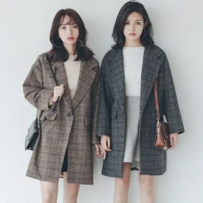 여성 체크 모직 자켓 2컬러 루즈핏 코트 겨울 아우터 정장 재킷