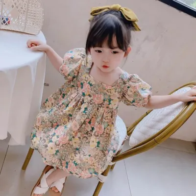 스퀘어넥 아동 키즈 플라워 퍼프 벌룬 반팔 원피스