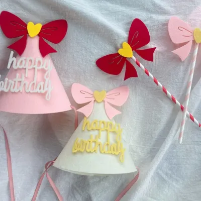 아기고깔모자 인기 인스타그램 펠트 생일 모자 웃는 얼굴 리본 아기 어린이 생일 장난감 파티