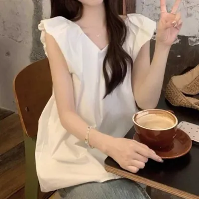 여성 프릴 캡소매 브이넥 루즈핏 블라우스 민소매 셔링 플레어 여름 데일리