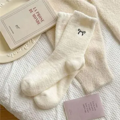 여성 중목 양말 데일리 양말 겨울용 따뜻한 보온 가을 스타킹 웨어 자수 겨울 리본 두툼한 두꺼운 발목
