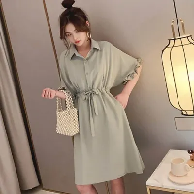 프릴 소매 허리밴딩 러블리 임산부 수유복 반팔 카라 체형 커버 셔츠형 원피스