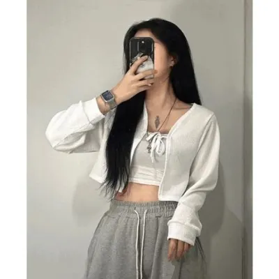 휴양지 가디건 끈 휴가 볼레로 크롭 바캉스 룩 여성 리본