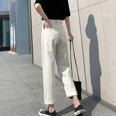 여자 일자바지 롤업 스트레이트 데님 팬츠 데일리 하의 면바지