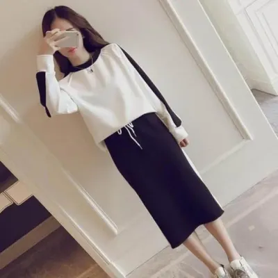 투피스 배색 여성 홈웨어 깔끔한 레이어드 치마 캐주얼 상하의 슬림