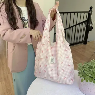 데일리 캐주얼 패브릭 체크 리본 에코백