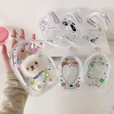 [골라가게] PVC 투명 파우치 10cm 인형 가방 키링 네잎클로버 별 프린팅 지갑 충전기 에어팟 화장품 수납