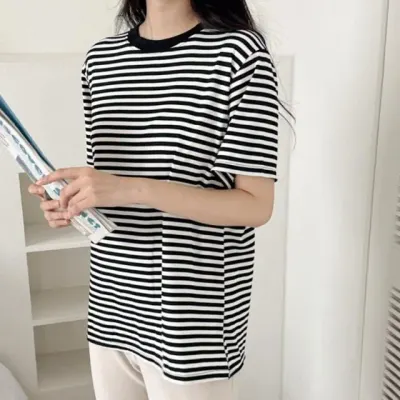 여성 스트라이프 단가라 루즈핏 빅사이즈 반팔 티셔츠