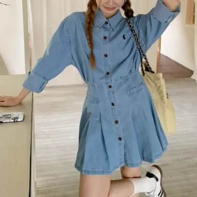 청 원피스 A라인 스커트 카라 데님 원피스 허리밴딩 데일리룩