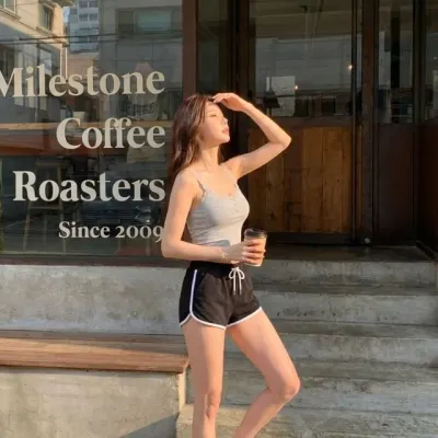여성 여름 단추 끈나시 레이스 민소매 그레이 크롭 나시