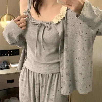 3피스 모달 파자마 세트 페미닌룩 데일리룩 데이트룩 캐주얼룩