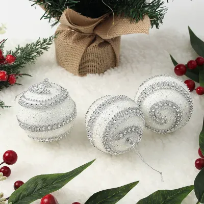 실버화이트 글리터 장식볼 3p(8cm) (더블라인)
