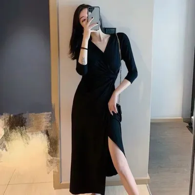 브이넥 롱 원피스 여성 랩 스타일 앞트임 하객룩 휴양지 바캉스룩