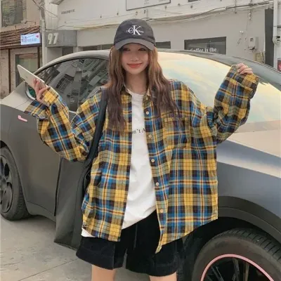 노랑 파랑 체크 오버핏 카라 셔츠