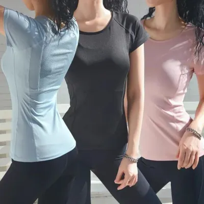 하늘색 검정색 분홍색 요가복 필라테스복 상의 반팔 티셔츠 크롭 복장