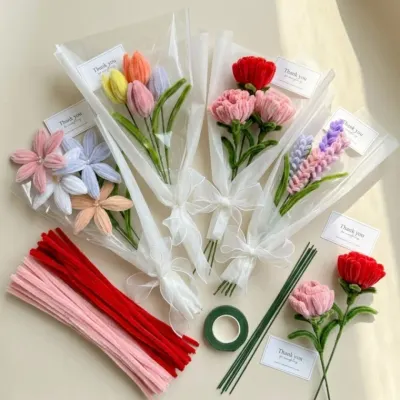 모루 꽃 꽃다발 만들기 DIY 세트 키트 4종 카네이션 백합 한송이 라벤더 튤립 공예 미니 조화 패키지 재료