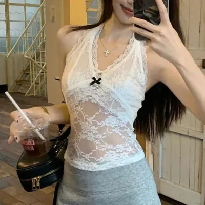 시스루 레이스 크롭 이너탑 티셔츠 민소매 나시