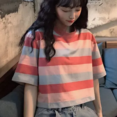 크롭티 크롭 스트라이프 여름 여성 반팔 티셔츠 여성반팔 반팔티