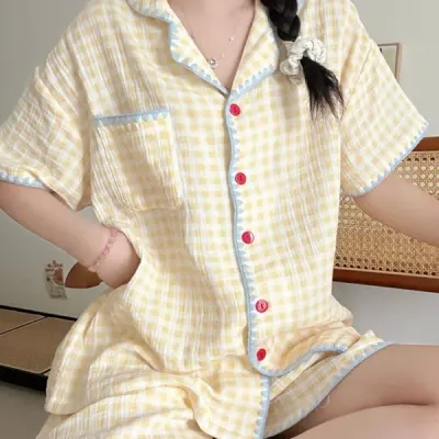 레몬 체크 투피스 파자마 셔츠형 잠옷 반팔 반바지 홈웨어