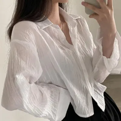 시스루 긴팔 크롭 카라 셔츠 남방 블라우스 봄블라우스 블라우스가디건