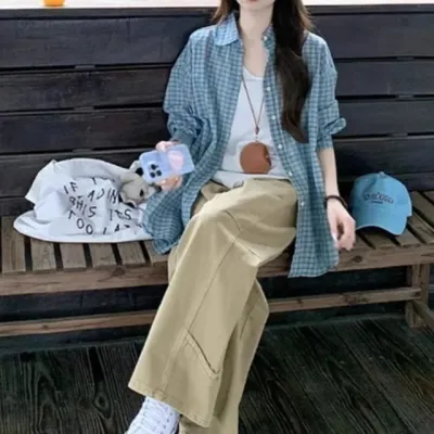 내추럴 블루 체크 루즈핏 셔츠