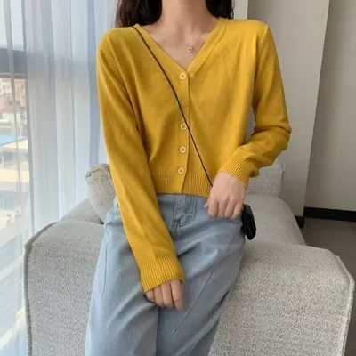 브이넥 가디건 단추 니트 5컬러 크롭 상의 루즈핏 가디건