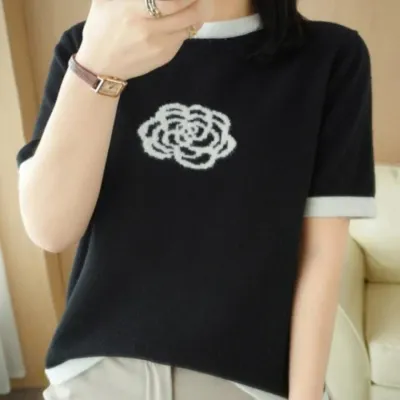 꽃 반팔니트 여성니트티 여성여름티셔츠 봄니트