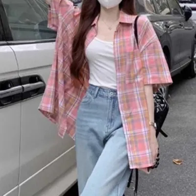 여성 오버핏 체크 반팔 셔츠 남방 캐주얼 루즈핏 여름 아우터 데일리 체크셔츠