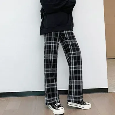 여성 와이드 팬츠 체크 밴딩 바지 가을 겨울 홈웨어 데일리 슬랙스