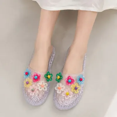 여성 여름 젤리슈즈 꽃 참 장식포인트 플랫슬리퍼