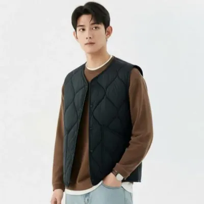 남성 누빔 조끼 가을 라운드 넥 무지 패딩 웨이브 패턴 홈웨어 아우터