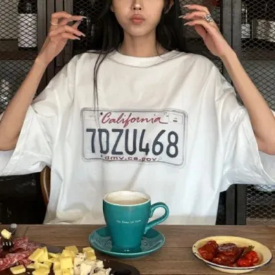 여성 여름 프린팅 루즈핏 라운드넥 오버핏 반팔 티셔츠