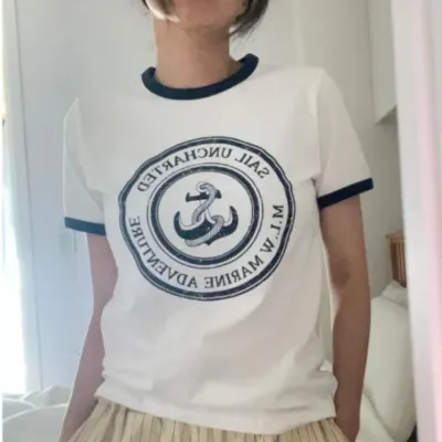 마린배색반팔티 여성 캐주얼티 티셔츠 라운드티 배색
