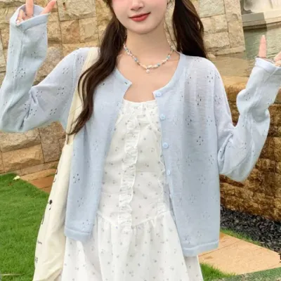 여름가디건 여름 봄 휴양지 얇은 펀칭 긴팔 가디건 스카이 얇은 여자 긴팔 여름 휴양지 봄 여성 썸머
