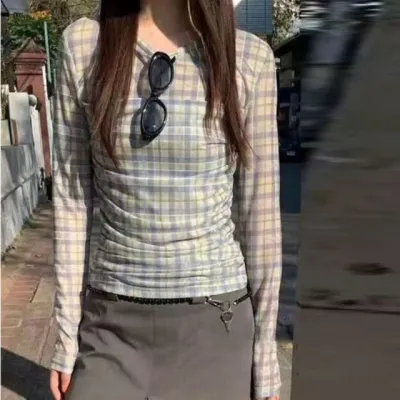 셔링 체크 크롭 긴팔 시스루 티셔츠 슬림핏 블라우스 체크티셔츠 셔링티