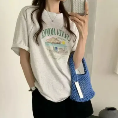 오버핏 그래픽 빈티지 반팔 티셔츠 여성 휴가룩