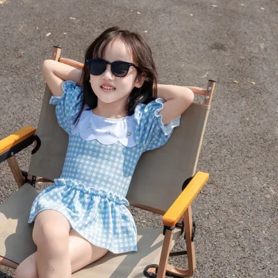 신생아수영복 어린이 수영복 여자 아기 캐릭터 체크 점프슈트 크로스컨트리 수영복 도매 반팔