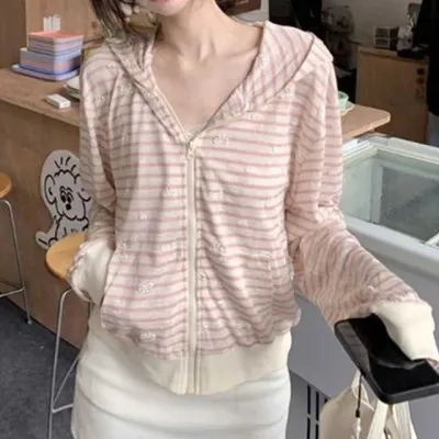 여성 리본 자수 스트라이프 후드집업 루즈핏 긴팔 후드 가디건 데일리 아우터