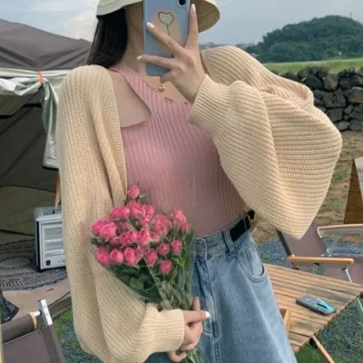 루즈핏 벌룬 소매 니트 볼레로 기디건 카디건 가디건