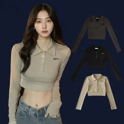 긴팔 크롭티 단추 카라 티셔츠 캐주얼 데일리 상의
