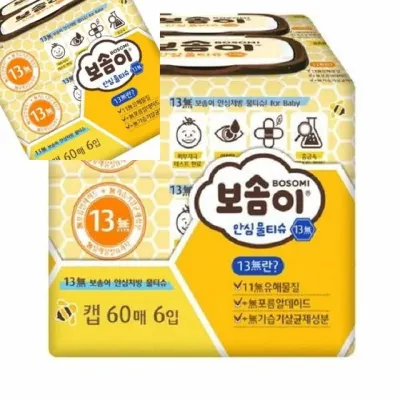 보솜이 안심 물티슈 60매x6개 세정티슈 행주티슈 물수건 도톰한물티슈