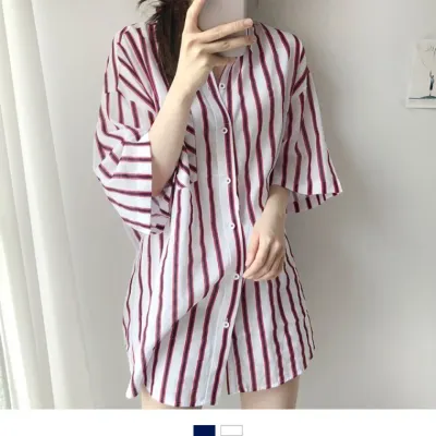 여성 스트라이프 반팔셔츠 여름 오버핏 롱남방 루즈핏 세로줄 셔츠원피스 무드 바캉스 데일리 여자 셔츠