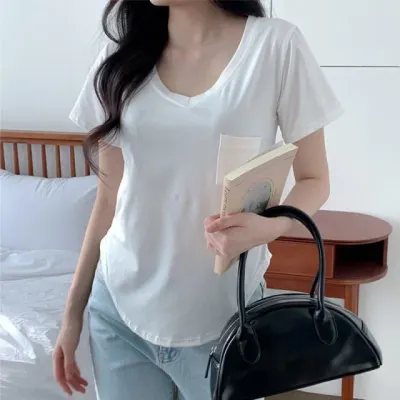 V넥 반팔 티셔츠 여성 스판 무지 상의 포켓 여름 티