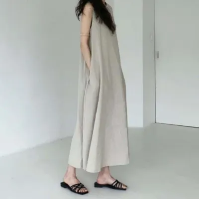루즈핏 롱 원피스 라운드넥 민소매 드레스 A라인 체형보정 홈웨어