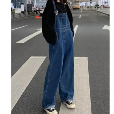 멜빵 진청 여성 와이드핏 진와이드핏 팬츠 멜빵바지 청바지