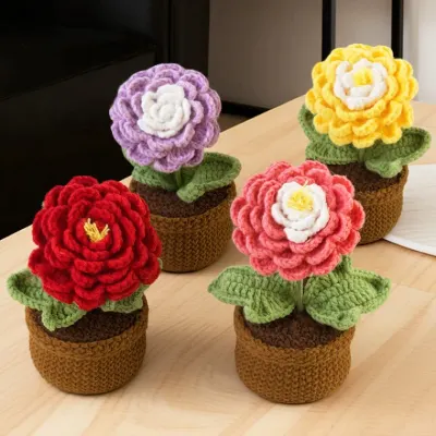 크로스오버 완성품 화분 모란 크로셰 꽃다발 친구에게 선물 화분 짜임 시뮬레이션 화분