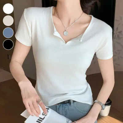 반오픈 골지 슬림핏 반팔티셔츠 ELC9026