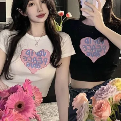 하트 크롭 여성 라운드티 슬림 여름 반팔 티셔츠 크롭티 여성크롭티